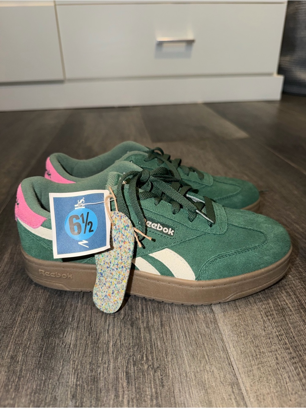 Reebok Kids Green Suede Sneakers with Pink Heel